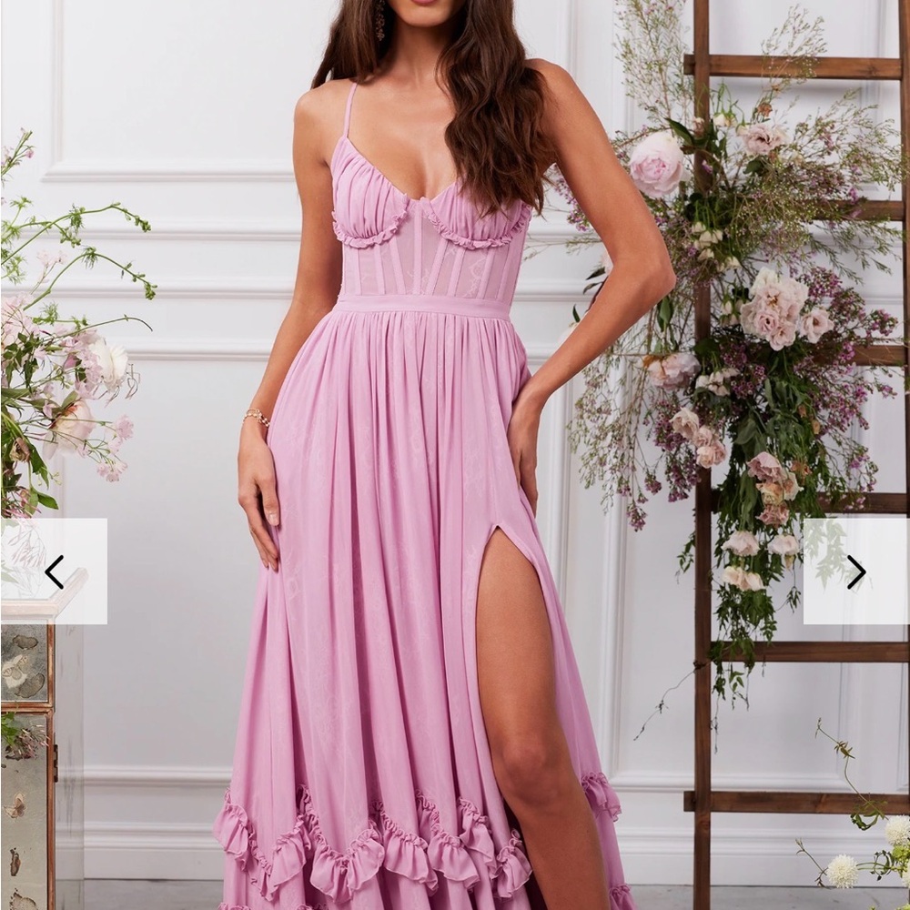 V. Chapman Mauve Carmen Dress with Ruffle Details